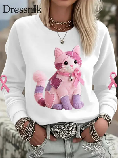 Frauen Rosa Katze Rosa Band Brustkrebs Sensi bilisierung Sweatshirt Weiß / S