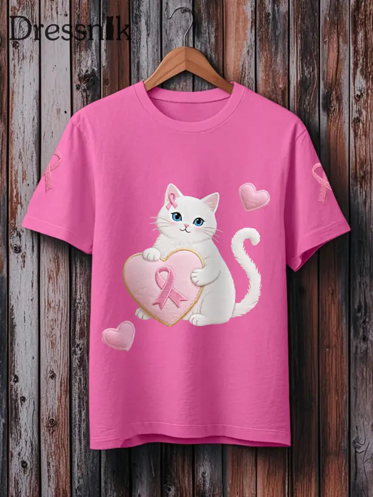 Frauen Rosa Katze Rosa Band Brustkrebs Sensi bilisierung T Shirt Rosenrot / S