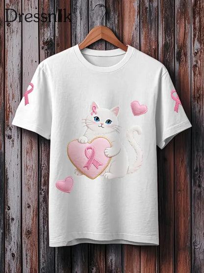 Frauen Rosa Katze Rosa Band Brustkrebs Sensi bilisierung T Shirt Weiß / S