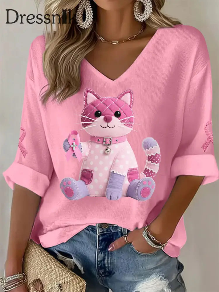 Frauen Rosa Katze Rosa Band Brustkrebs Sensi bilisierung Unterstützung Langarm T Shirt Rosa / S
