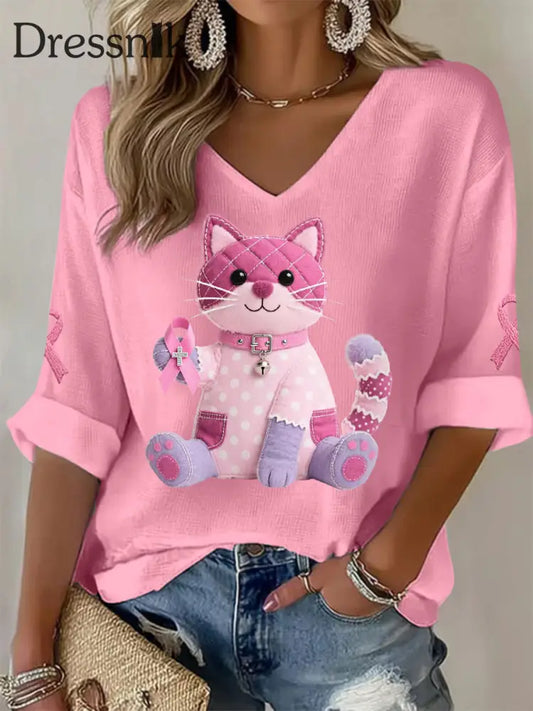Frauen Rosa Katze Rosa Band Brustkrebs Sensi bilisierung Unterstützung Langarm T Shirt Rosa / S