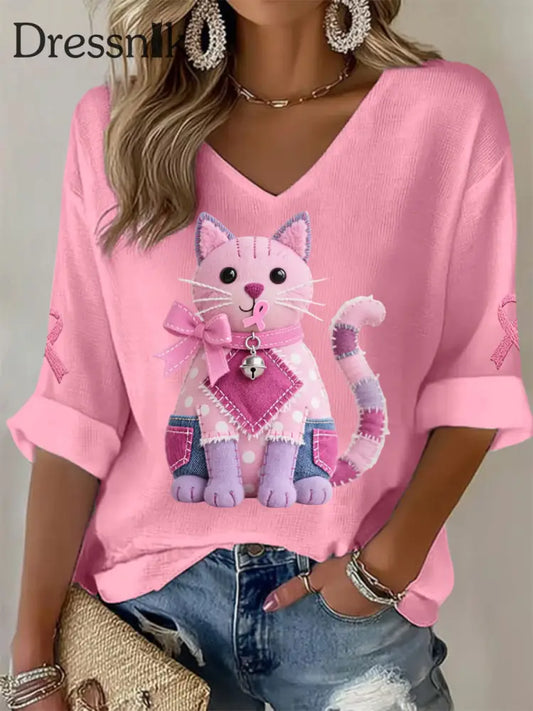 Frauen Rosa Katze Rosa Band Brustkrebs Sensi bilisierung Unterstützung Langarm T Shirt Rosa / S