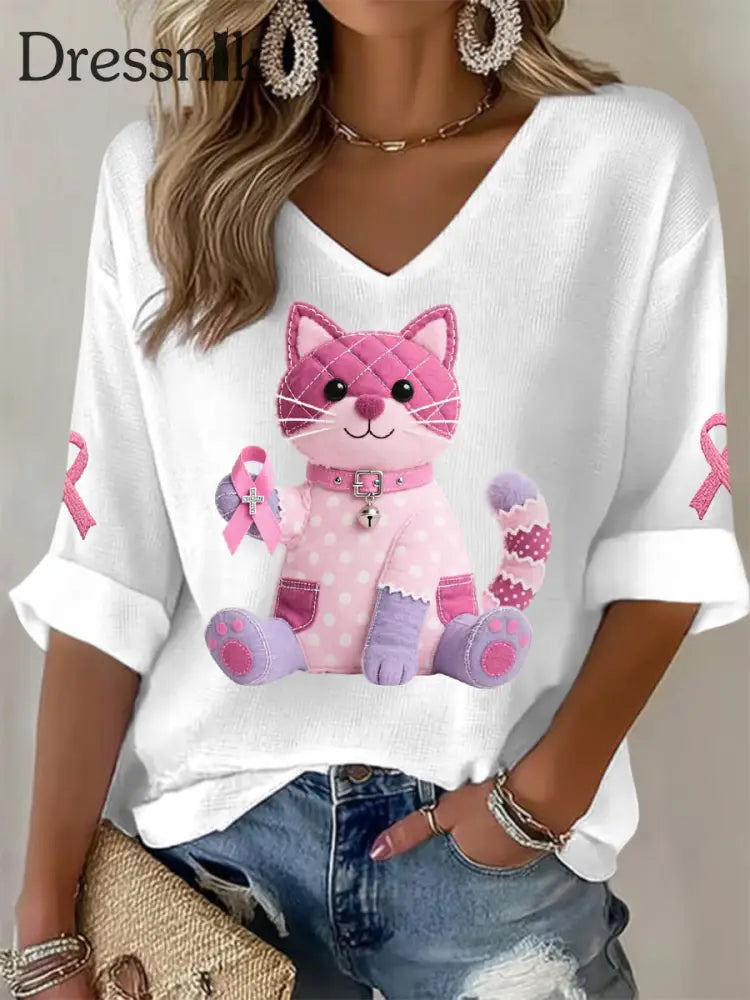 Frauen Rosa Katze Rosa Band Brustkrebs Sensi bilisierung Unterstützung Langarm T Shirt Weiß / S