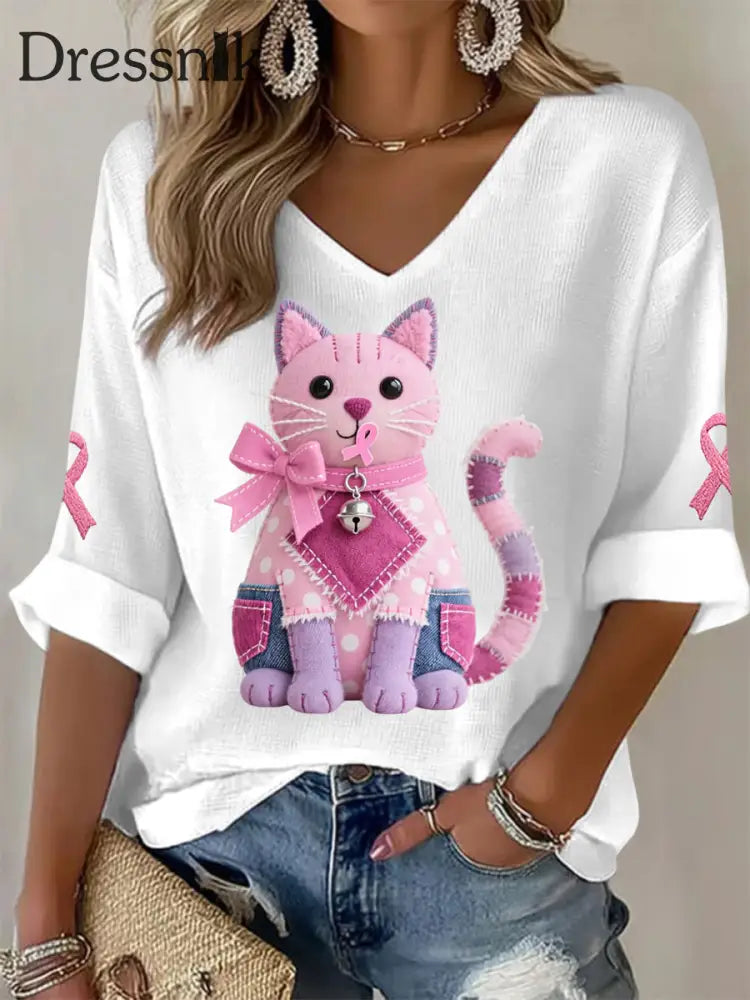 Frauen Rosa Katze Rosa Band Brustkrebs Sensi bilisierung Unterstützung Langarm T Shirt Weiß / S
