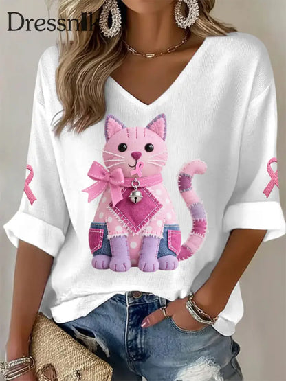 Frauen Rosa Katze Rosa Band Brustkrebs Sensi bilisierung Unterstützung Langarm T Shirt Weiß / S