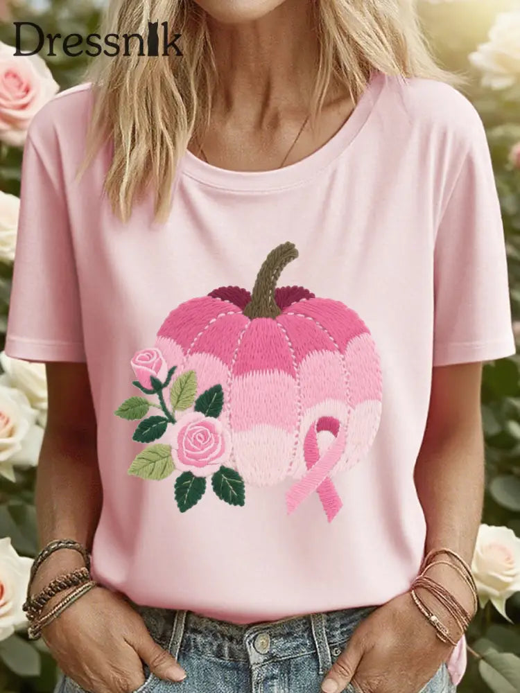 Frauen rosa Kürbis-Band besticktes T-Shirt Rosa / S