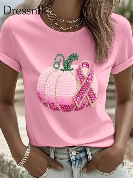 Frauen Rosa Kürbis und Band Strass Kunst T Shirt Rosa / S