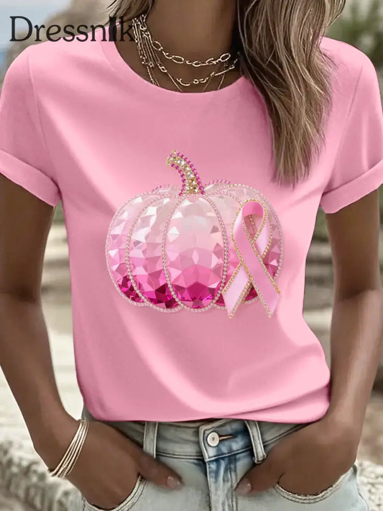 Frauen Rosa Kürbis und Band Strass Kunst T Shirt Rosa / S