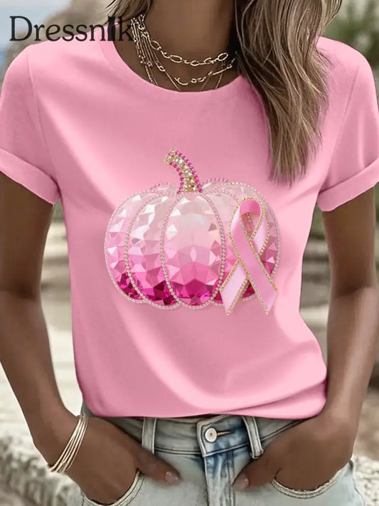 Frauen Rosa Kürbis und Band Strass Kunst T Shirt Rosa / S