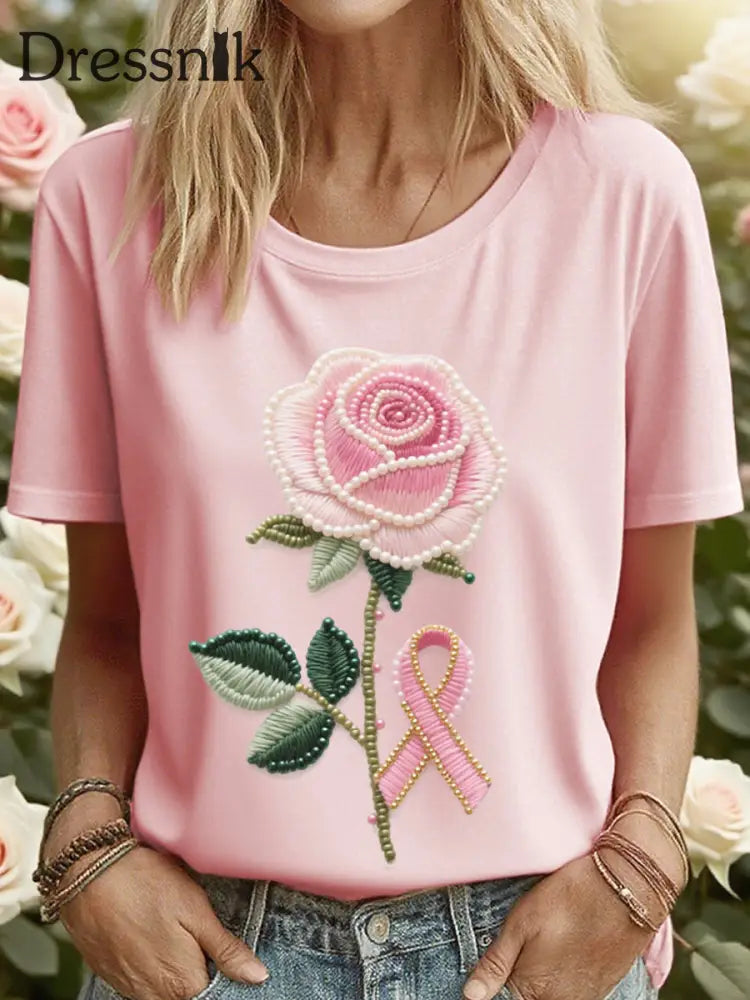 Frauen rosa Rosen band bestickt T-Shirt Rosa / S