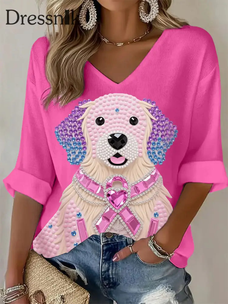 Frauen Rosa Strass Hund Rosa Band Druck Brustkrebs Bewusstsein Unterstützung Langarm Top Rosenrot / S
