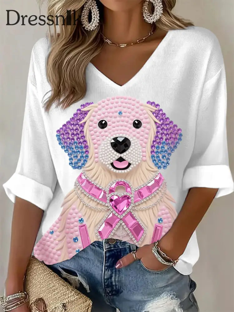 Frauen Rosa Strass Hund Rosa Band Druck Brustkrebs Bewusstsein Unterstützung Langarm Top Weiß / S