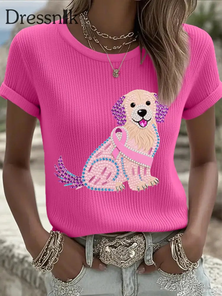 Frauen Rosa Strass Hund Rosa Band Druck Brustkrebs Bewusstsein Unterstützung T Shirt Rosenrot / S