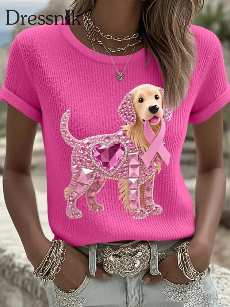 Frauen Rosa Strass Hund Rosa Band Druck Brustkrebs Bewusstsein Unterstützung T Shirt Rosenrot / S