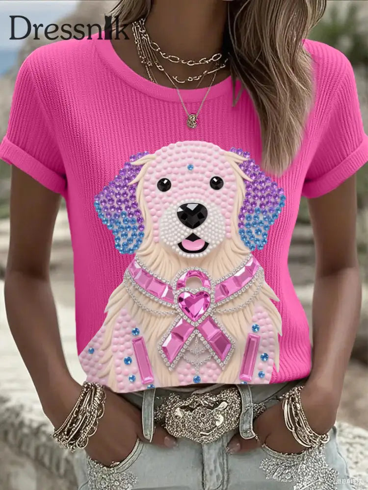 Frauen Rosa Strass Hund Rosa Band Druck Brustkrebs Bewusstsein Unterstützung T Shirt Rosenrot / S