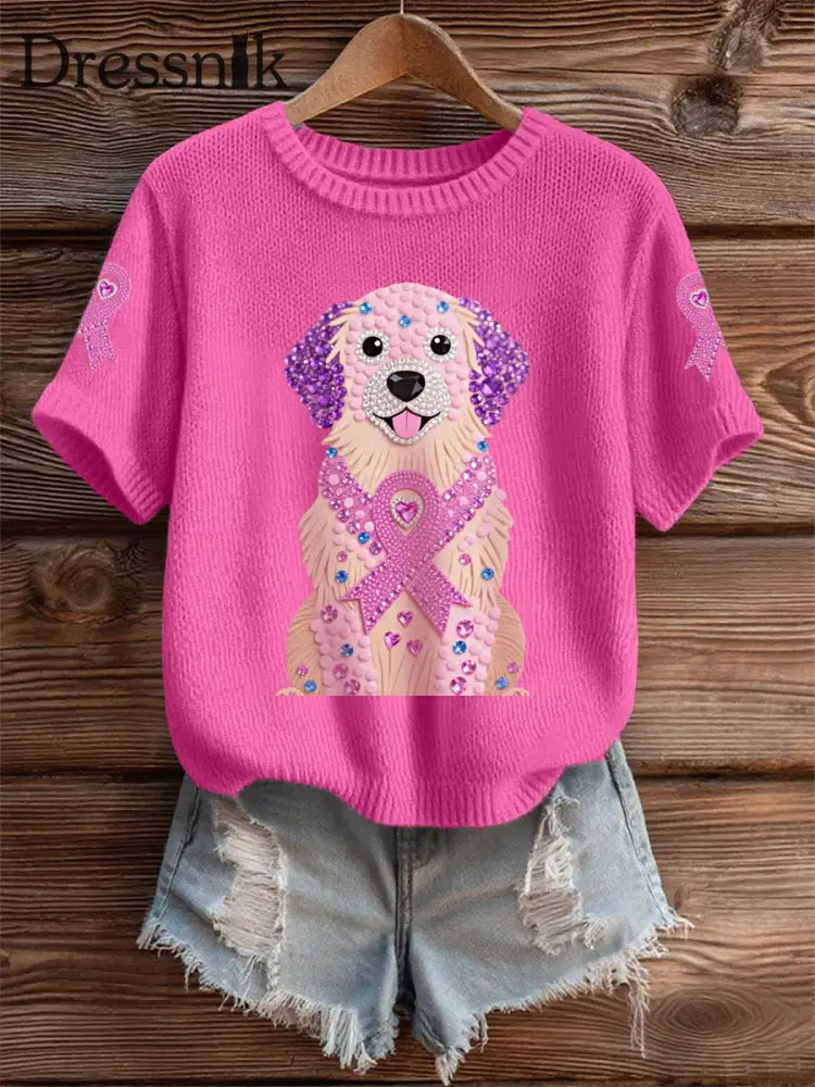 Frauen Rosa Strass Hund Rosa Band Druck Brustkrebs Bewusstsein Unterstützung T Shirt Rosenrot / S