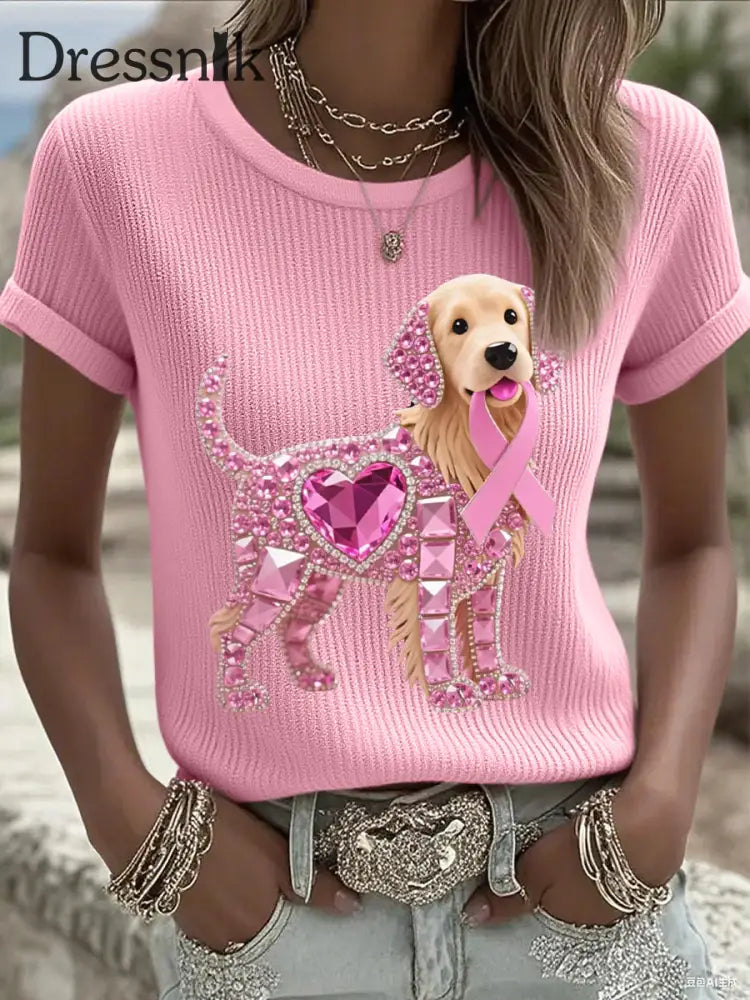 Frauen Rosa Strass Hund Rosa Band Druck Brustkrebs Bewusstsein Unterstützung T Shirt Rosa / S