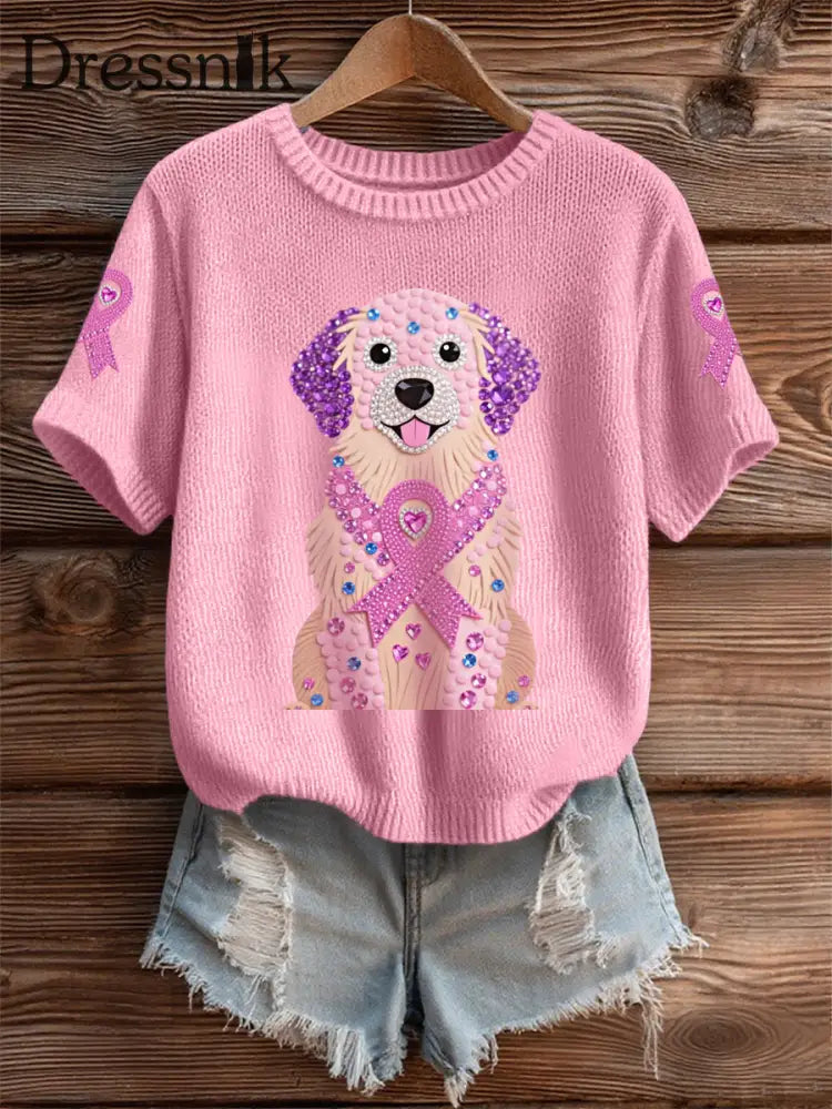 Frauen Rosa Strass Hund Rosa Band Druck Brustkrebs Bewusstsein Unterstützung T Shirt Rosa / S