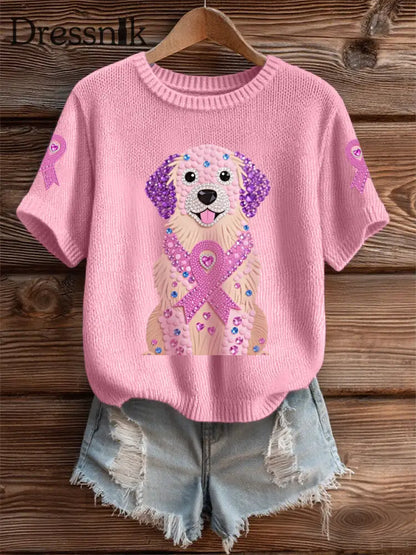 Frauen Rosa Strass Hund Rosa Band Druck Brustkrebs Bewusstsein Unterstützung T Shirt Rosa / S