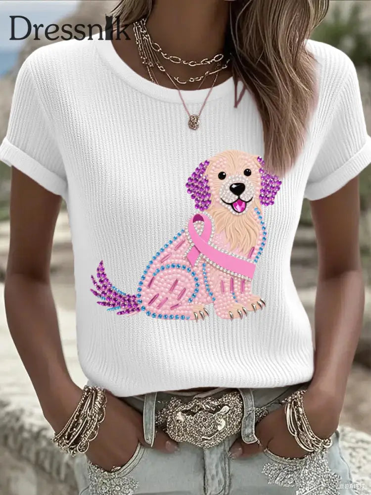 Frauen Rosa Strass Hund Rosa Band Druck Brustkrebs Bewusstsein Unterstützung T Shirt Weiß / S