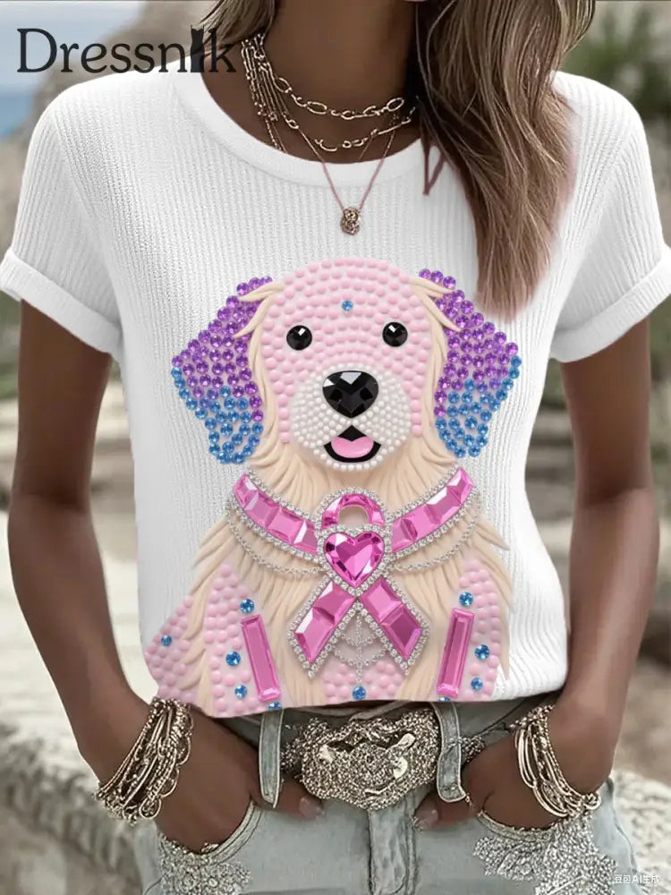 Frauen Rosa Strass Hund Rosa Band Druck Brustkrebs Bewusstsein Unterstützung T Shirt Weiß / S