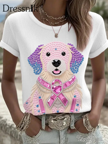 Frauen Rosa Strass Hund Rosa Band Druck Brustkrebs Bewusstsein Unterstützung T Shirt Weiß / S