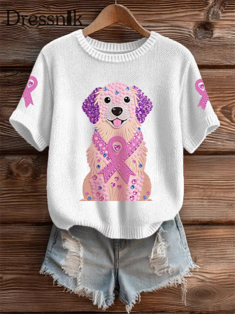 Frauen Rosa Strass Hund Rosa Band Druck Brustkrebs Bewusstsein Unterstützung T Shirt Weiß / S