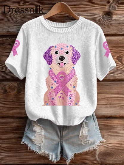 Frauen Rosa Strass Hund Rosa Band Druck Brustkrebs Bewusstsein Unterstützung T Shirt Weiß / S