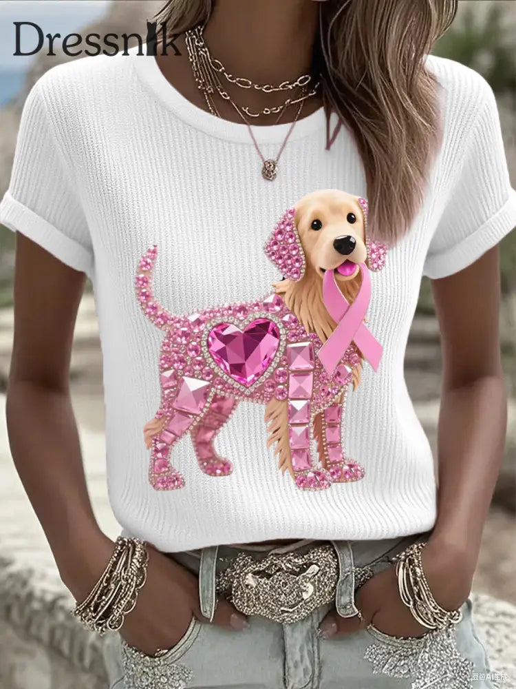 Frauen Rosa Strass Hund Rosa Band Druck Brustkrebs Bewusstsein Unterstützung T Shirt Weiß / S