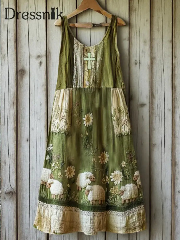 Frauen Schaf Glaube Bedrucktes Kleid Grün / S