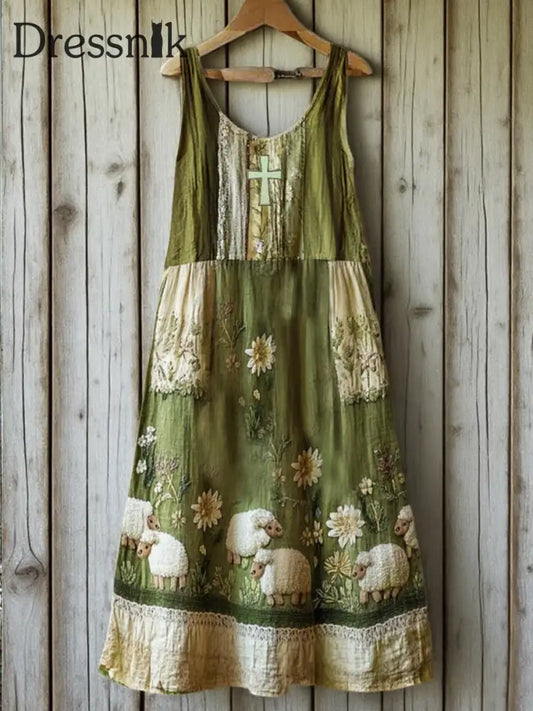 Frauen Schaf Glaube Bedrucktes Kleid Grün / S