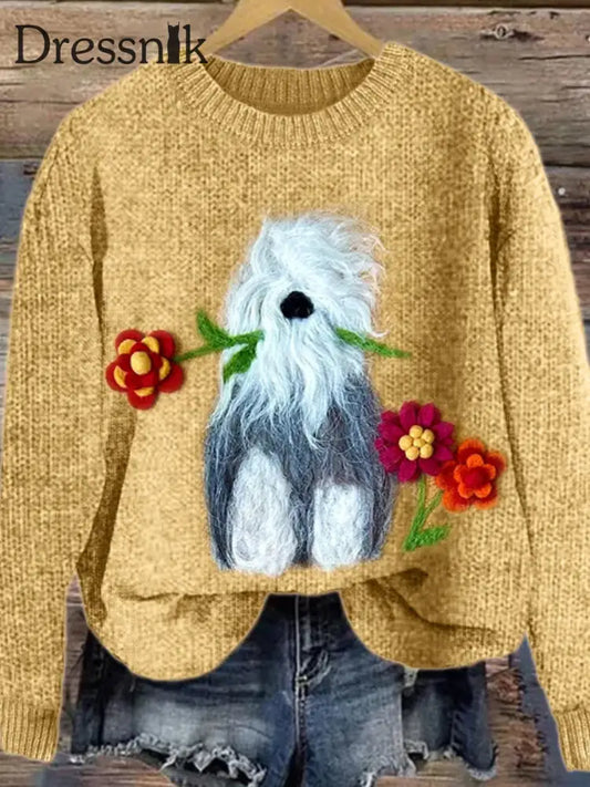 Frauen Schaf Hund mit Blumen Gemütliche Strick pullover Gelb / S