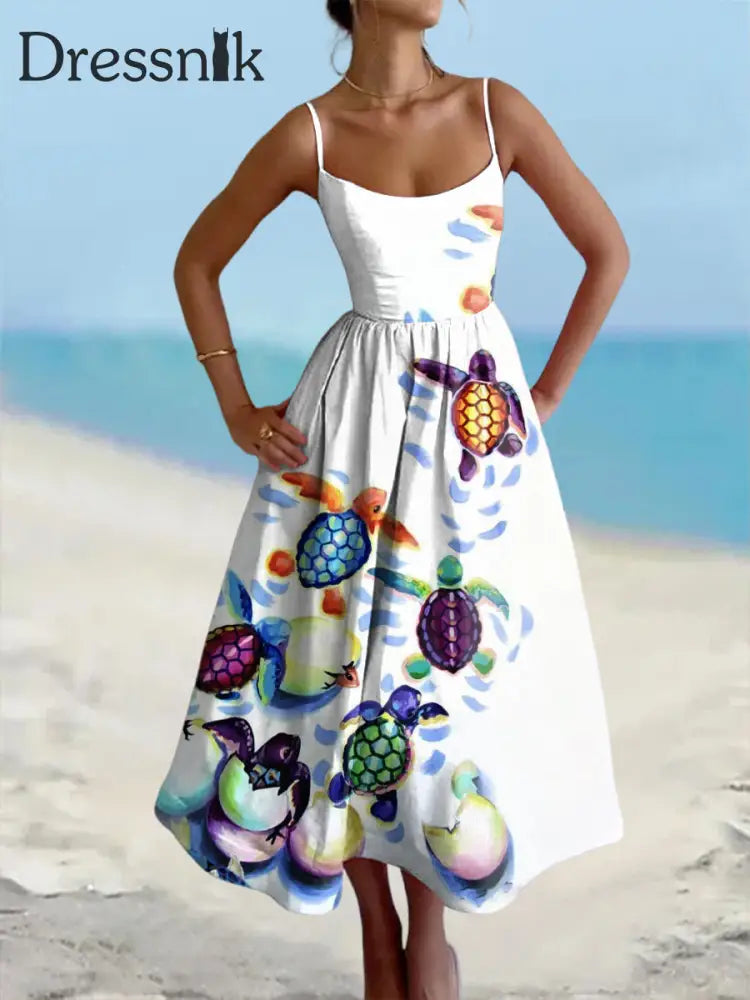 Frauen Schildkröte Bedrucktes Baumwoll Leinen Kamisole Maxi kleid Weiß / S
