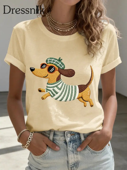 Frauen schöne Dackel Stickerei Muster T-Shirt hellgelb / S