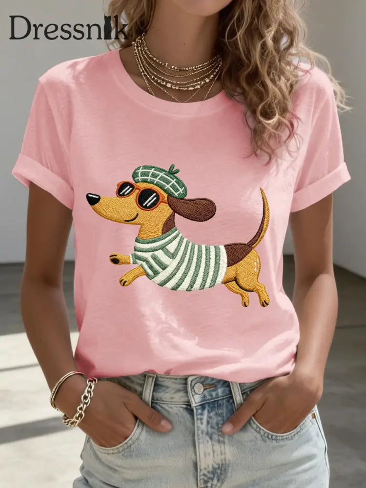 Frauen schöne Dackel Stickerei Muster T-Shirt rosa / S
