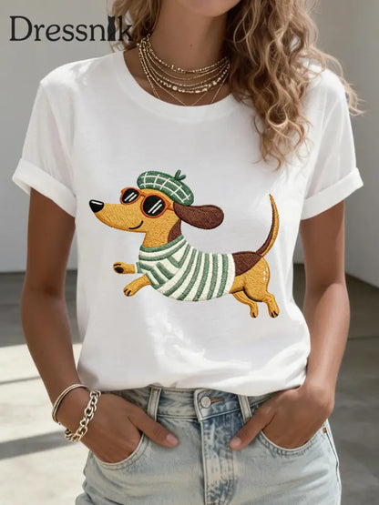Frauen schöne Dackel Stickerei Muster T-Shirt weiß / S