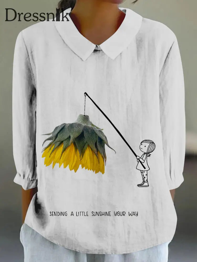 Frauen Spaß Illustration Bedrucktes Hemd aus Baumwolle und Leinen 3/4 Ärmel Weiß / S