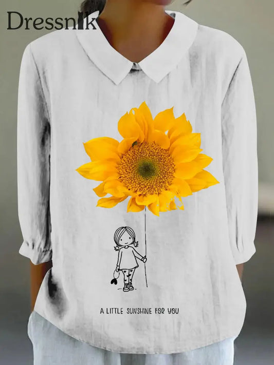 Frauen Spaß Illustration Bedrucktes Hemd aus Baumwolle und Leinen 3/4 Ärmel Weiß / S