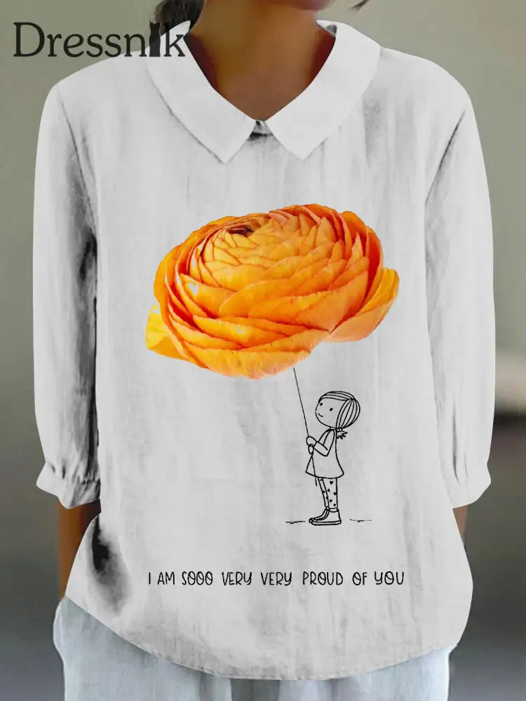 Frauen Spaß Illustration Bedrucktes Hemd aus Baumwolle und Leinen 3/4 Ärmel Weiß / S