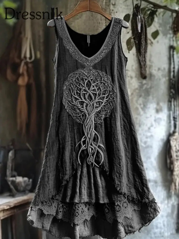 Frauen Stammes baum des Lebens Spitze Patchwork Kunst Leinen Tank Kleid Schwarz / S