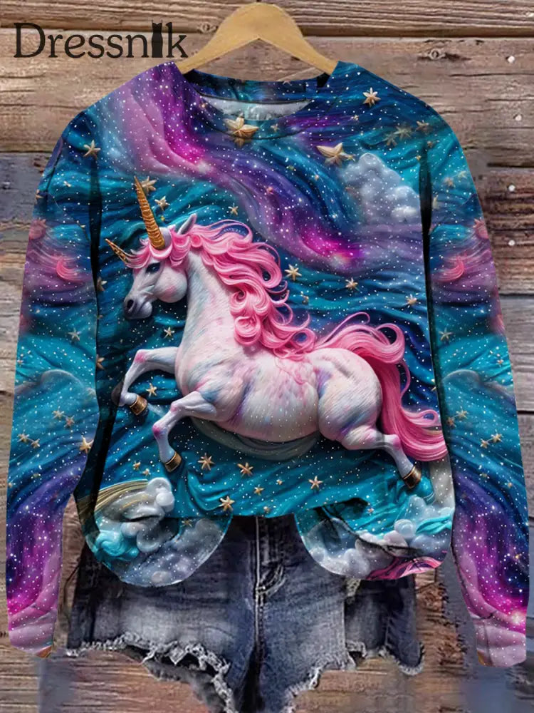 Frauen Sternen Einhorn Stickerei 3D-Druck Rundhals Bequem Lange Ärmel Sweatshirt Als Foto / S