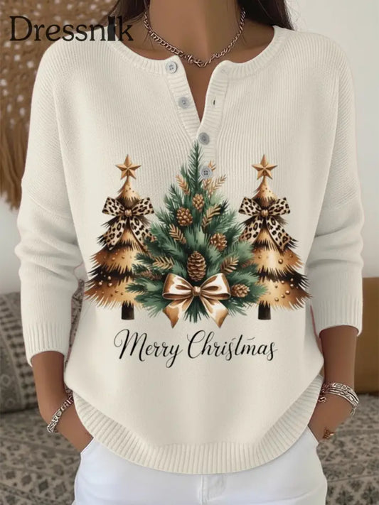 Frauen Stilvolle Leopard Weihnachts baum Print Henley Hals Pullover mehrfarbig / S