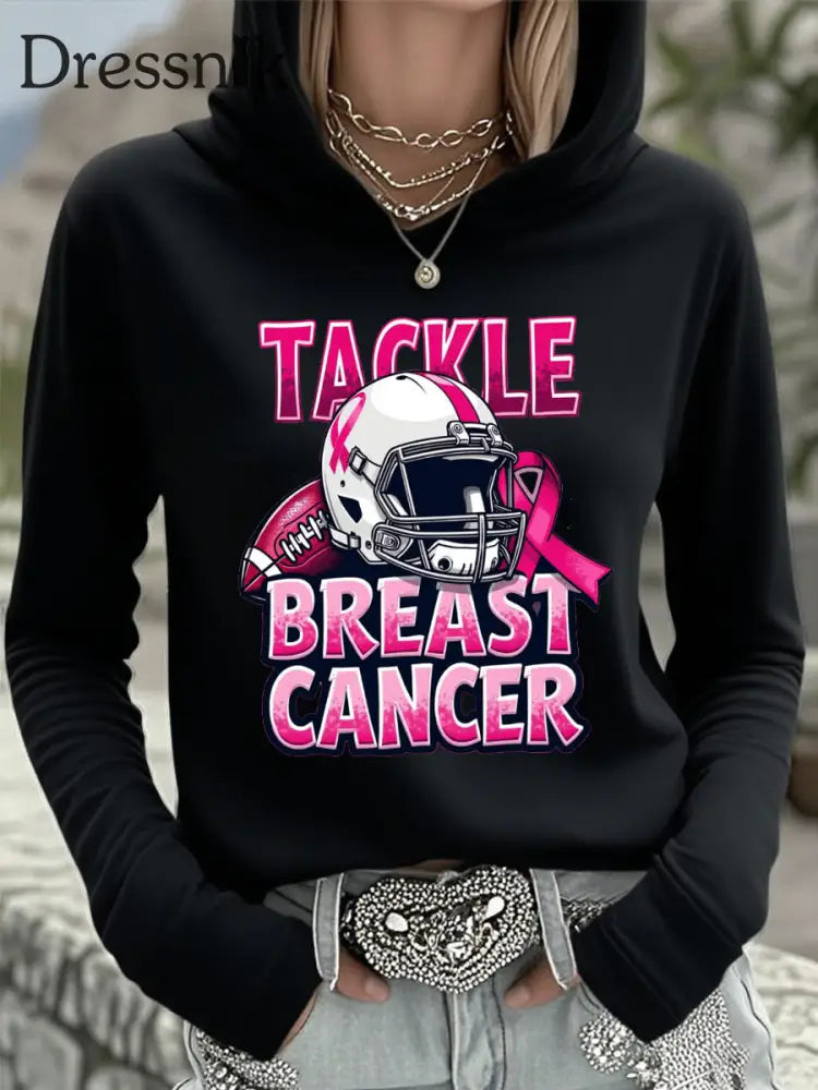 Frauen Tackle Brustkrebs Fußball Spiel mit Kapuze Top Schwarz / S