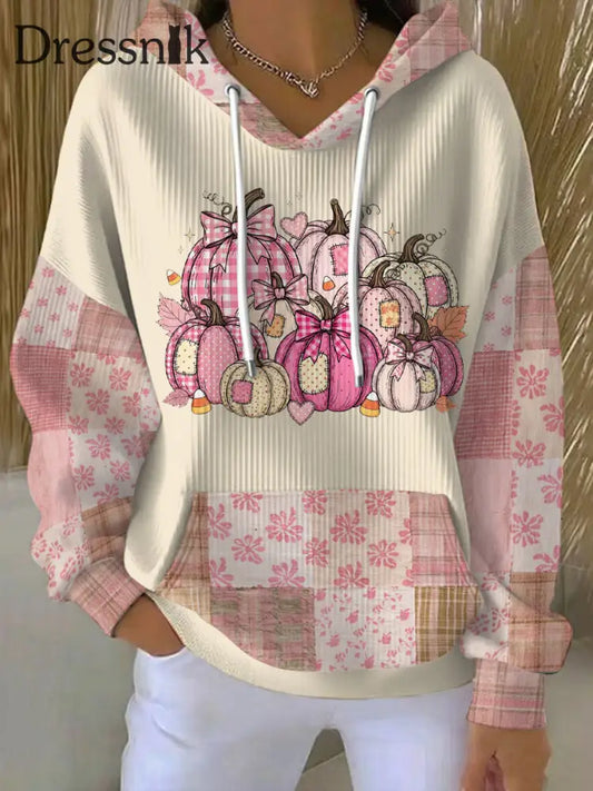 Frauen Thanksgiving Kunst Kürbis bedruckter Hoodie Beige / S