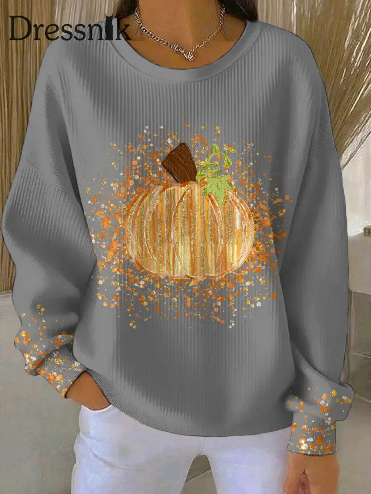 Frauen Thanksgiving Kunst Kürbis bedrucktes Sweatshirt Hellgrau / S