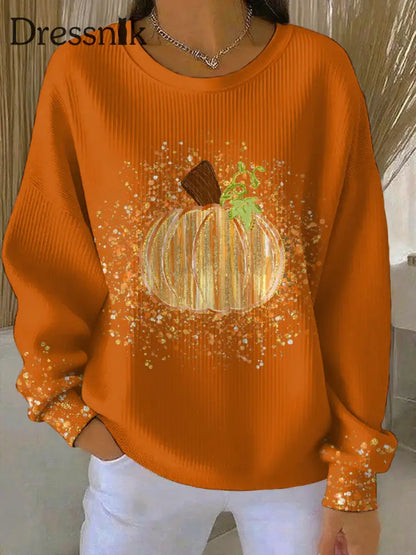 Frauen Thanksgiving Kunst Kürbis bedrucktes Sweatshirt Orange / S