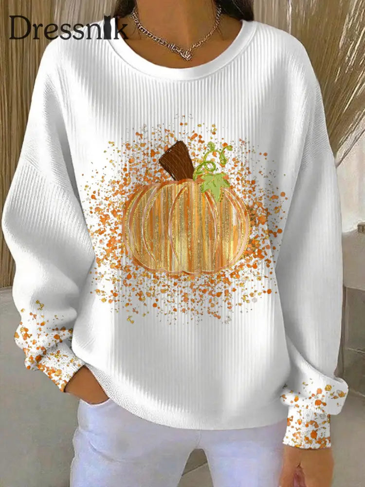 Frauen Thanksgiving Kunst Kürbis bedrucktes Sweatshirt Weiß / S