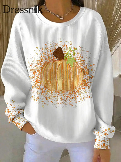 Frauen Thanksgiving Kunst Kürbis bedrucktes Sweatshirt Weiß / S