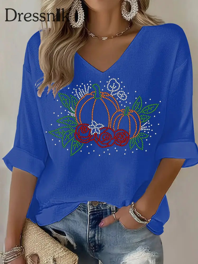Frauen Thanksgiving Print Casual T-Shirt Blau / S