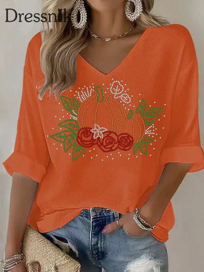 Frauen Thanksgiving Print Casual T-Shirt Orange / S